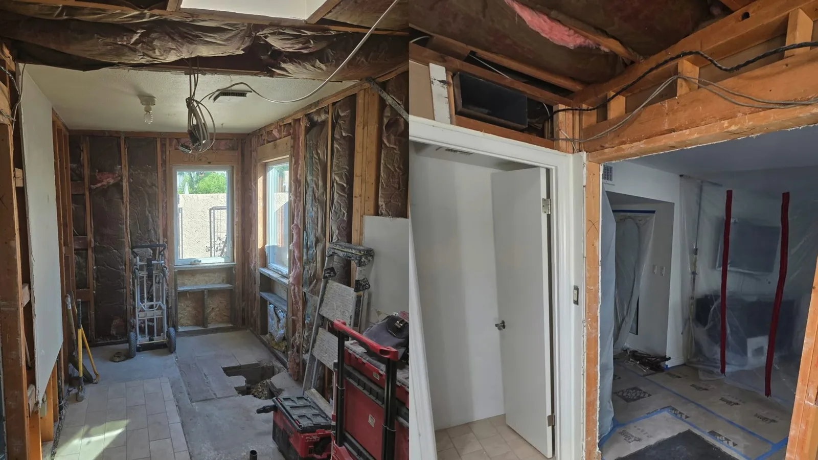 Bathroom stripped to the studs, with open wall framing, exposed wires and pipes and tools on the floor