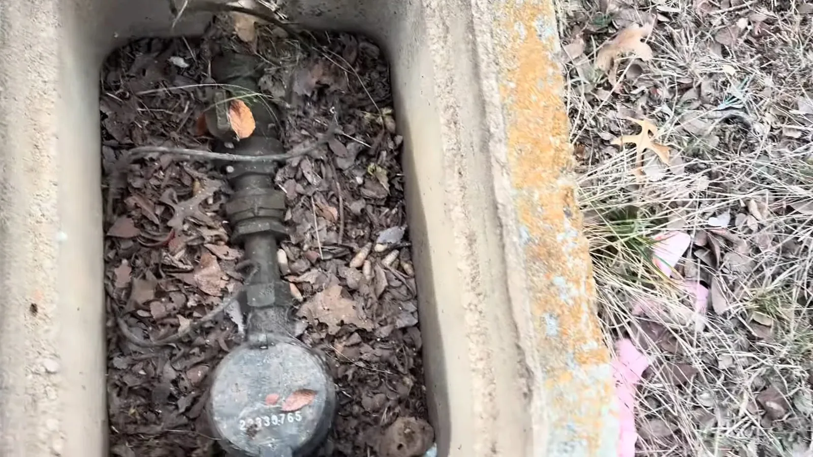 Water meter and service pipe at the bottom of a concrete ground box packed with dead leaves