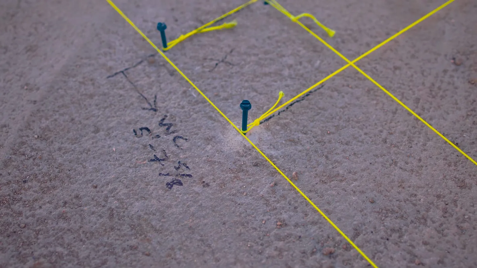Floor surface laid out with yellow string lines, two blue pins and a pencilled note marking where a pipe runs below